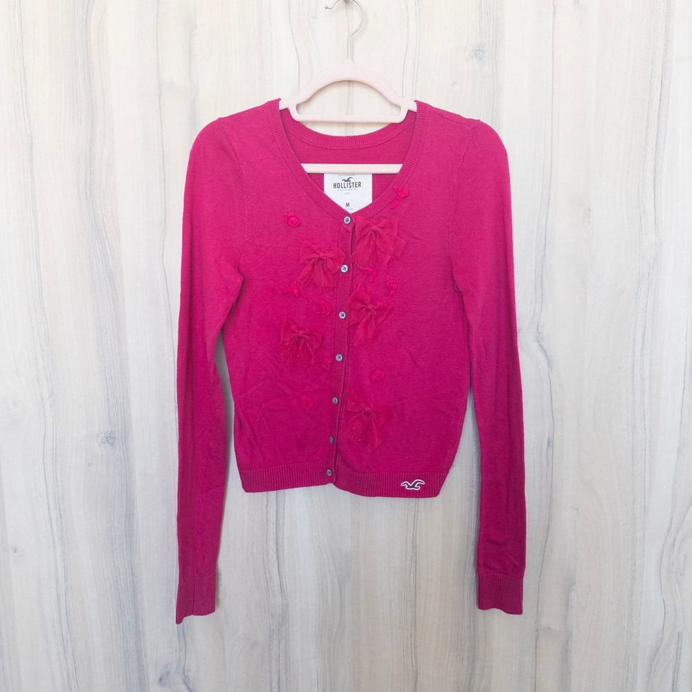 Y2K Hollister Womens Cardigan Medium Pink Bow Applique Long Sleeve Preppy Girly